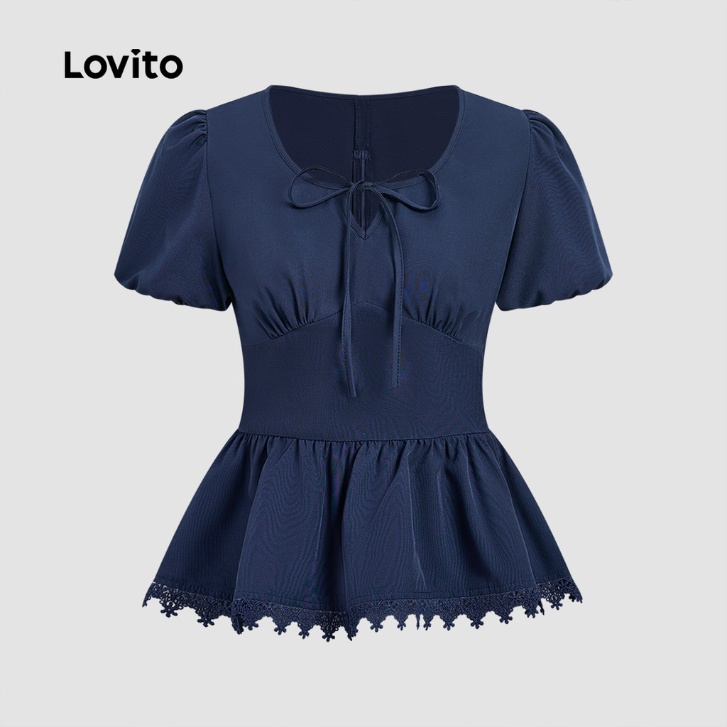 Lovito  Áo kiểu thanh lịch phối ren buộc dây viền nhún cho mùa xuân/hè màu xanh navy cho nữ L178LD09966
