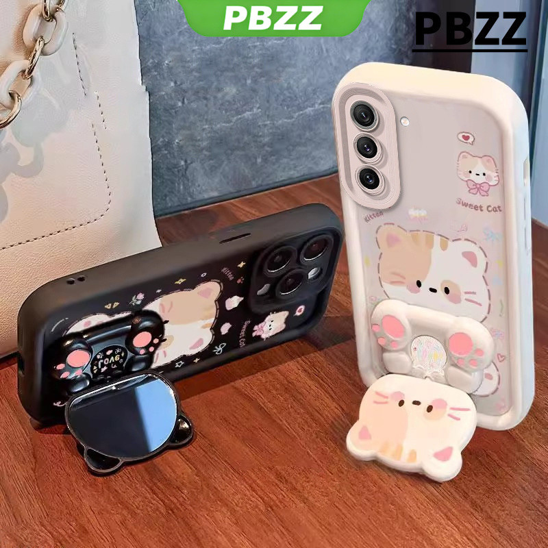 Ốp Lưng PBZZ Cho samsung s24 s23 s25 s26 ultra S23 s26 S24 plus s24 s23 FE s25 ultra 5g Vỏ Điện Thoại Vỏ Mềm Thiết Kế Mới Gương Mèo Dễ Thương Có Giá Đỡ & Dây Buộc Cho Bé Trai Đen