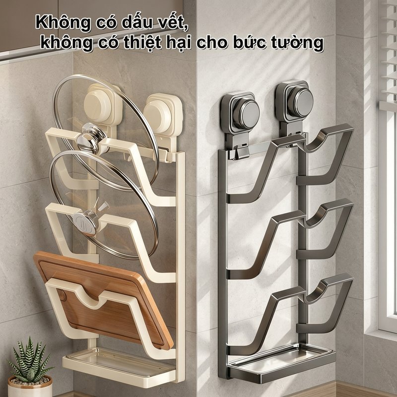 Giá đỡ nắp nồi treo tường không khoan chất liệu ABS chống trượt lắp đặt nhanh giữ bếp gọn màu trắng