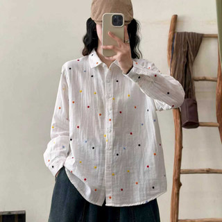 [Hàng có sẵn] Áo sơ mi nữ 100% sợi cotton chất lượng cao thêu cotton mùa xuân mềm mại Áo giảm béo thông thường mới