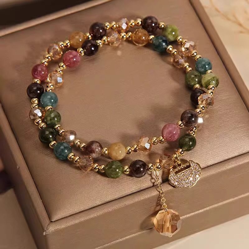 Mới Đôi Vòng Nhiều Màu Sắc Tourmaline Vòng Tay Nữ Ins Sang Trọng Tối Giản Tuổi Thọ Khóa Đính Hạt Vòng Tay Trang Sức