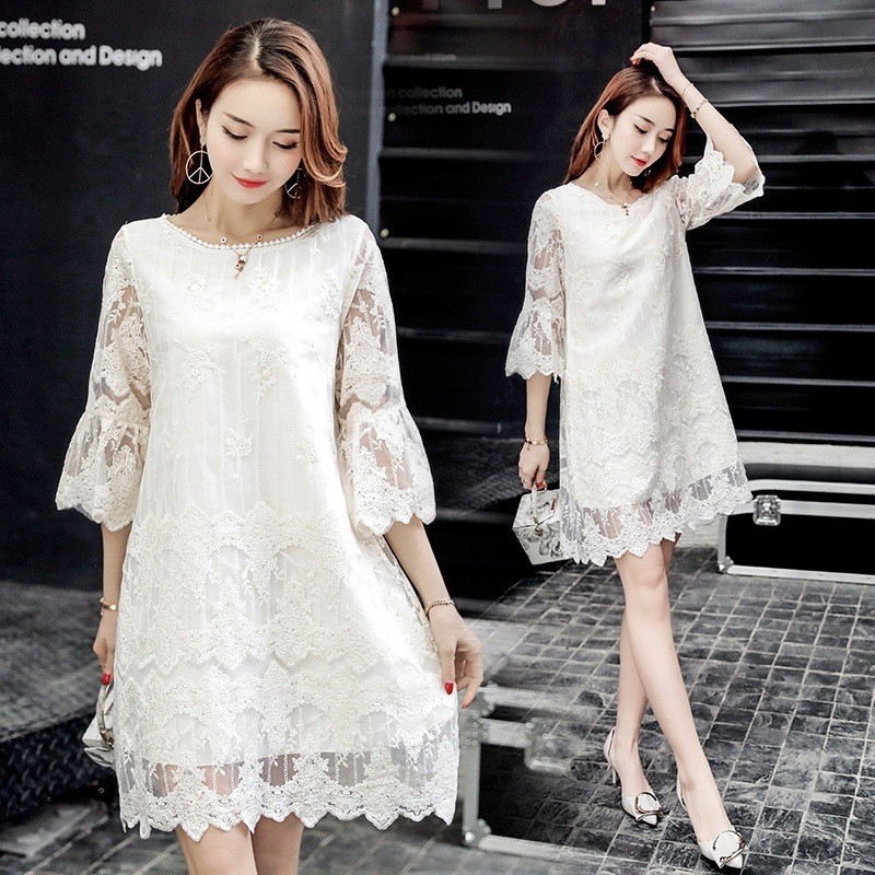 Đầm nữ phong cách Hàn Quốc dáng chữ A, size lớn, tôn dáng, kiểu dáng tiên nữ, đầm ren thêu dài vừa phải, hợp thời trang