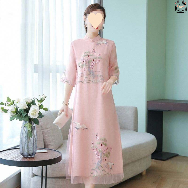 Đầm sườn xám cải tiến, phong cách mùa hè mới dành cho phụ nữ , đầm dài thêu, phong cách truyền thống Trung Quốc