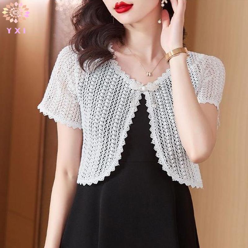 Cardigan nữ mùa hè chất liệu ren rỗng, tay ngắn, màu trơn mới