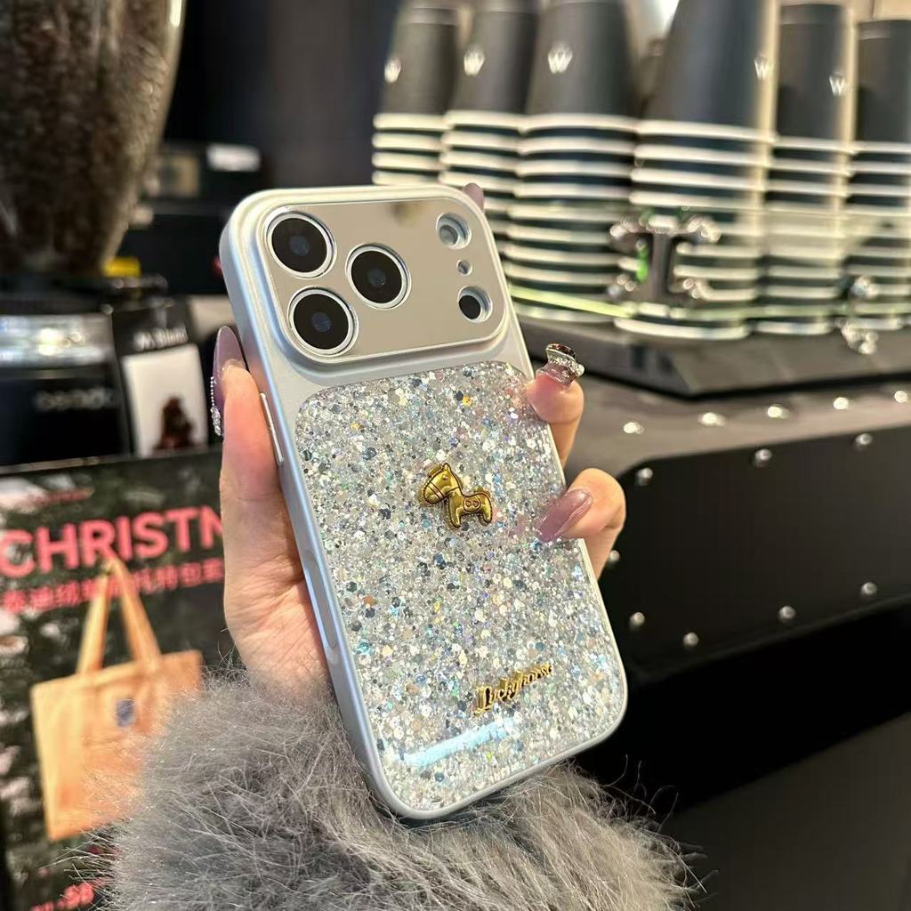 Ốp điện thoại hình ngựa kim cương mờ + dây buộc cho IPhone 17 Pro Max 17 16 15 14 13 Vỏ điện thoại chống rung