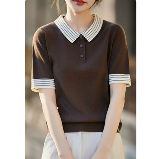 Polo polo Cổ Áo Len Sọc Tay Ngắn Nữ Mùa Hè Màu Cà Phê Áo Thun Mỏng Chui Đầu Đi Lại Đơn Giản Top