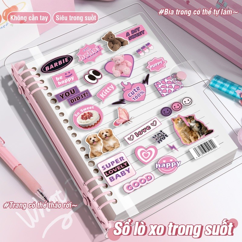 Sổ còng A5 bìa trong suốt PVC, vở kẻ ngang thay giấy linh hoạt tặng sticker decor tiện lợi