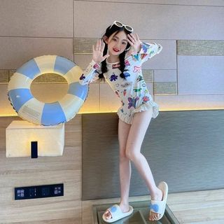Đồ bơi liền thân tay dài cho bé gái - áo tắm chống nắng nhanh khô in hình dễ thương viền bèo phong cách Hàn