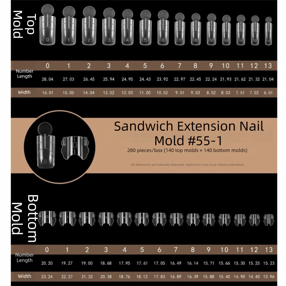 AWNGD 280 chiếc Sandwich Dual Nail Forms, 14 kích cỡ Hình thức mở rộng móng tay có thể tái sử dụng, Mở rộng móng tay Acrylic trong suốt hình bầu dục hai lớp cho dụng cụ làm móng tay