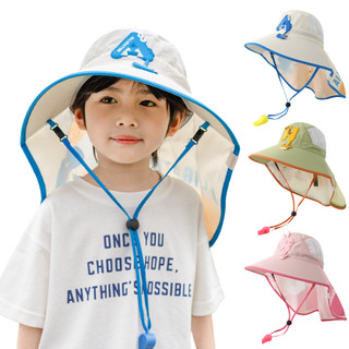 Mũ Chống Nắng Trẻ Em Vành Rộng Có Che Cổ, Nón Chống Tia UV Cho Bé Đi Biển Du Lịch Kèm Dây Đeo & Còi