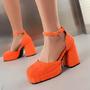 VNTMLH34-43 Kích Thước Lớn Ngón Chân Vuông Dày Cao Gót Da Lộn Thời Trang Tất Cả Trận Đấu Giày Đơn Baotou Dây Dẹt Dây Lưng Giày Đơn Thời Trang
