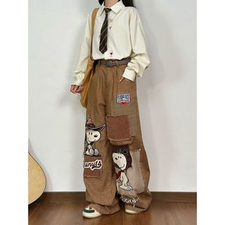 Quần Jean Nữ Ống Rông Thêu Hình Hoạt Hình Snoopy Retro, Giặt Machine Friendly