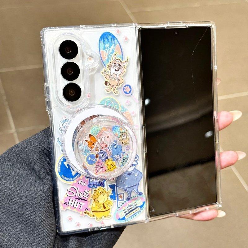 Ốp điện thoại từ tính hình tròn động vật dễ thương Thích hợp cho Samsung Galaxy ZFold7 zfold6 Vỏ cứng gấp dây buộc cho Z Fold 7 6 5 4 3 5G Vỏ bảo vệ