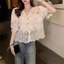 FEDAOG Nút Lên Áo Sơ Mi, Áo Sơ Mi Tay Bong Bóng Cổ Chữ V Thanh Lịch, Thời Trang Ngọt Ngào Ren Rỗng Áo Sơ Mi Tay Ngắn Nữ