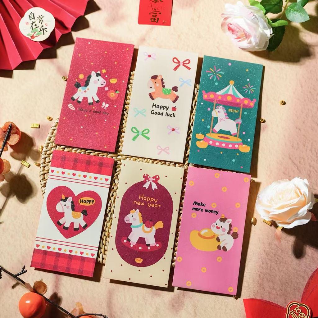 Bao Lì Xì Tết Năm Con Ngựa 2026 - Họa Tiết Ngựa Pony & Vòng Quay Ngựa Gỗ Dễ Thương Ép Kim Tuyến Lấp Lánh Độc Đáo