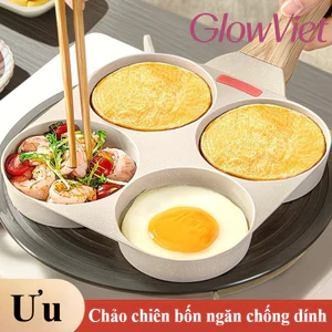 Chảo 4 Ngăn Chống Dính Đa Năng, Tay Cầm Gỗ Chống Nóng, Có Vạch Cảm Biến Nhiệt Tiện Lợi, Dễ Vệ Sinh, Dùng Mọi Bếp