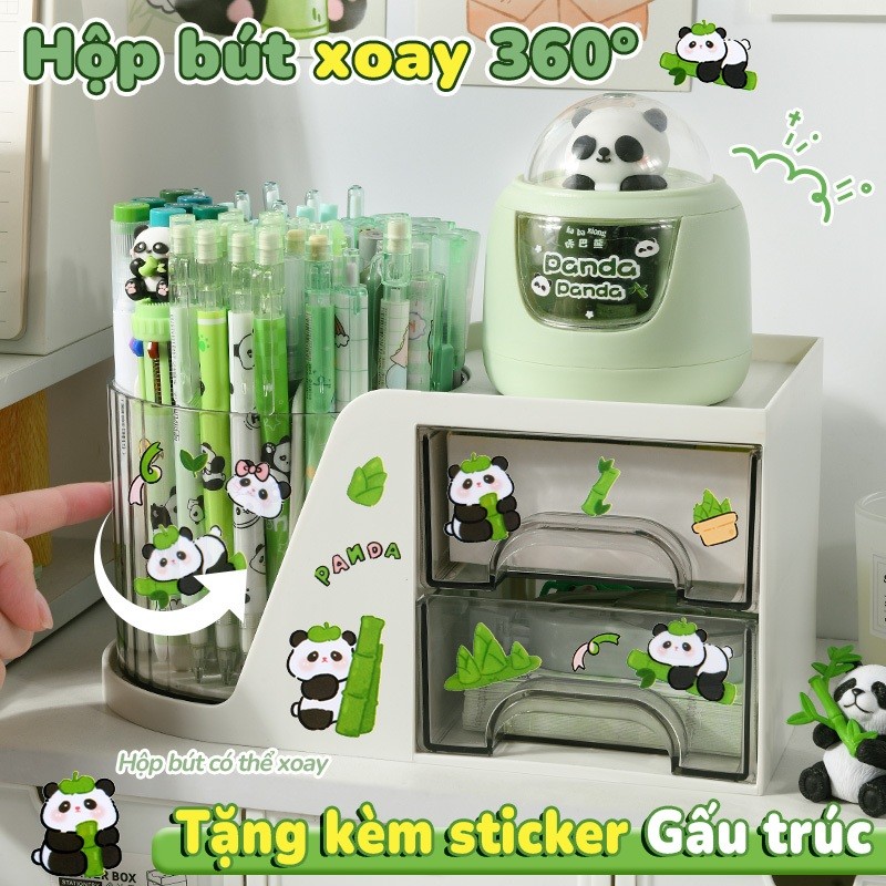Hộp đựng bút để bàn xoay 360° thông minh, thiết kế gấu trúc cute, Kệ đựng mỹ phẩm nhiều ngăn tiện lợi decor bàn