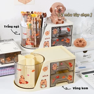 Hộp đựng bút để bàn Capybara ngộ nghĩnh, nhiều ngăn, xoay 360° - Kệ đựng mỹ phẩm decor bàn lý tưởng