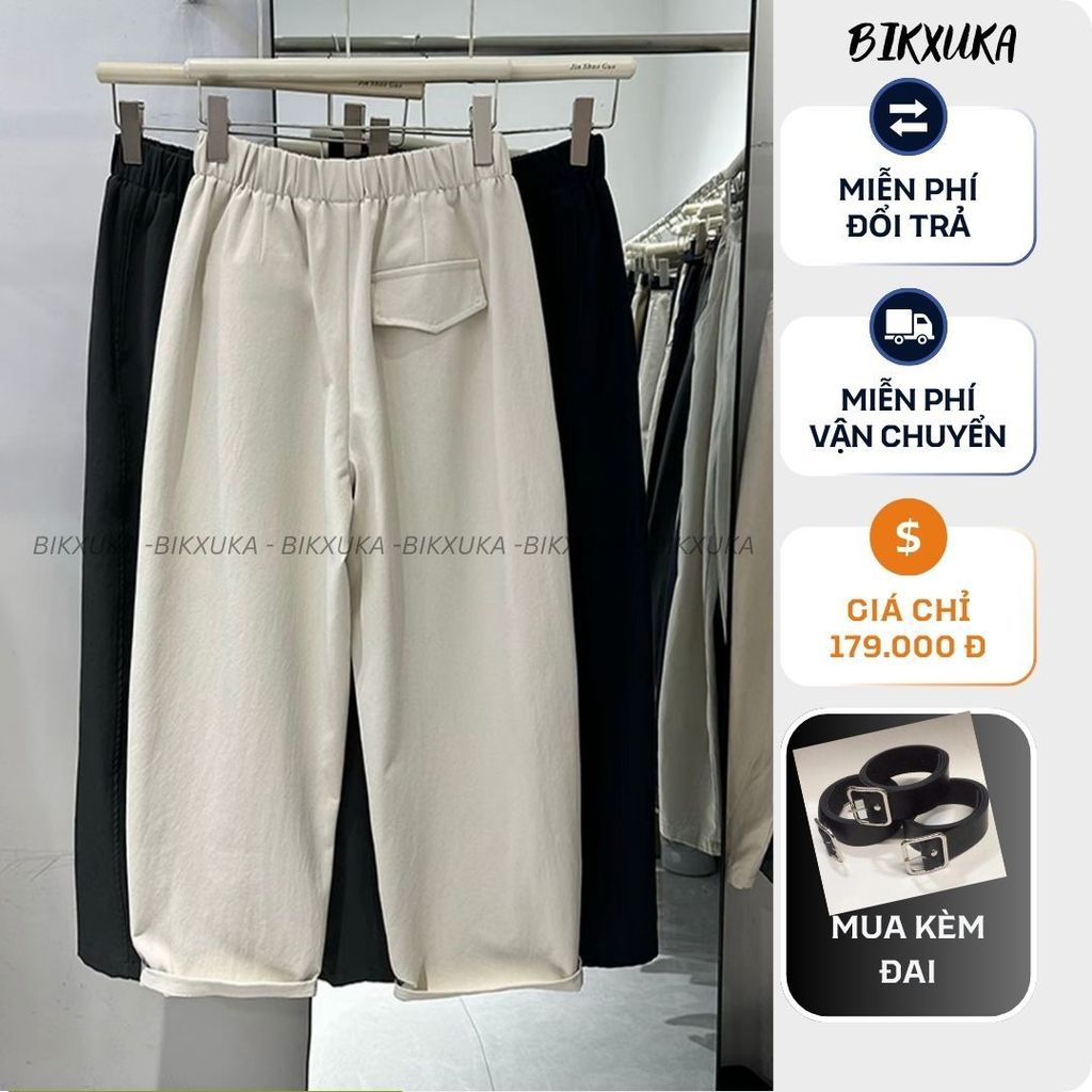 BIKXUKA - Quần baggy nữ cạp cao vải kaki nhật loại 1 co giãn nhẹ, quần baggy ống rộng form thụng dáng nấm 2 túi sườn Q17
