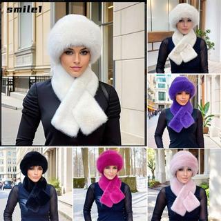 Bộ khăn quàng cổ mùa đông SMILE, ấm áp màu trơn dày ấm áp, lông thú giả bảo vệ tai chống gió cho nữ