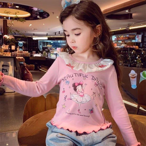 Áo thun dài tay cho bé gái Xuân Thu Ba lê Phong cách in đáy Áo sơ mi 80-140 Size 7ZZY