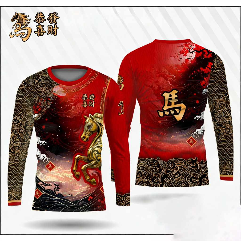 Áo thun dài tay in hình 3D con ngựa - Thời trang Tết Nguyên Đán dành cho nam