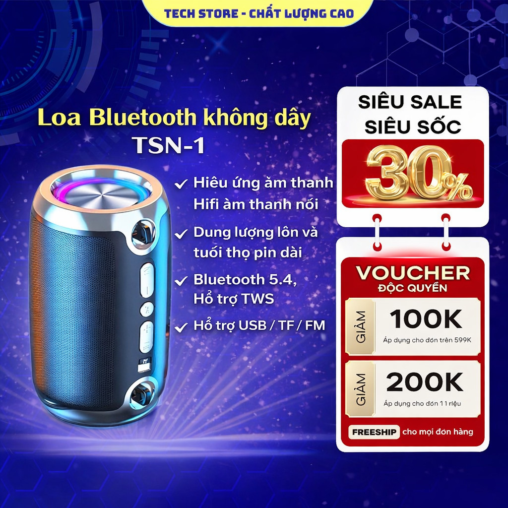 𝐓𝐞𝐜𝐡 𝐒𝐭𝐨𝐫𝐞 Loa Bluetooth không dây TSN-1 có hiệu ứng âm thanh Hifi âm thanh nổi, dung lượng lớn và tuổi thọ pin dài