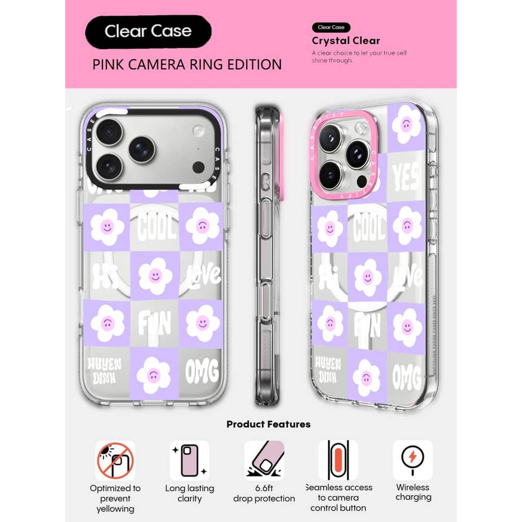 CASECASE X Grid Smiley Face Flower Phone Case HỒNG CAMERA RING EDITION Tác động Vỏ hút từ tính trong suốt cho IPhone 17 / 16 / 15 / 14 / 13 Pro Max Air với bao bì cao cấp