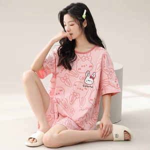 Bộ Đồ Ngủ Trung Đông Mùa Hè Nữ Tay Ngắn Hoạt Hình Giả Cotton Bộ Đồ Ngủ Chui Đầu Loungewear