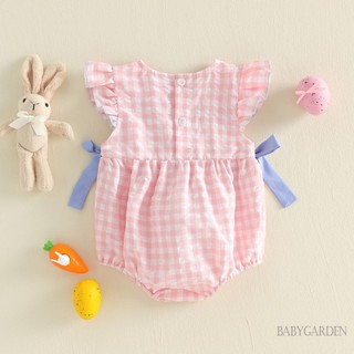 Bé Gái Phục Sinh Romper Màu Hồng Gingham Ruffle Flutter Tay Smocked Bunny Bow một mảnh