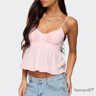Camisole màu trơn cổ chữ V có dây spaghetti và nút trước, phù hợp mùa hè cho phụ nữ