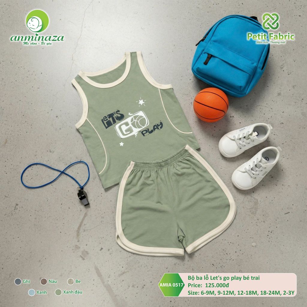 Bộ ba lỗ Let's go play bé trai Anminaza Vải Sợi Petit Thoáng Mát Thấm Hút - Hàng Chính Hãng AMIA0517