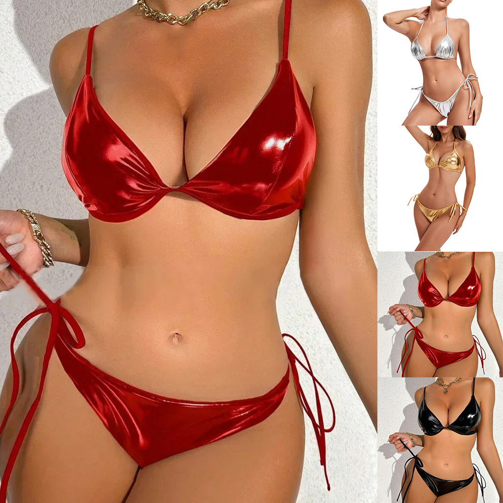 Đồ bơi bikini nữ Clubwear buộc dây da PU, thiết kế gợi cảm
