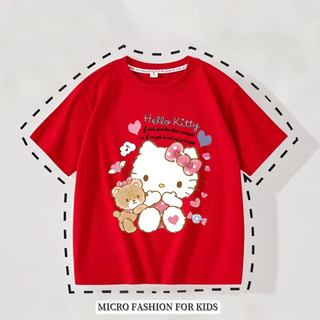 Áo thun mỏng cổ tròn in hình hoạt hình Hello Kitty, kiểu dáng giản dị và thoải mái dành cho bé gái.