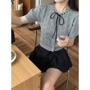 Áo cardigan len cộc tay dáng ngắn thiết kế phối dây buộc nơ phong cách tiểu thư hottrend XIMIMI SP450
