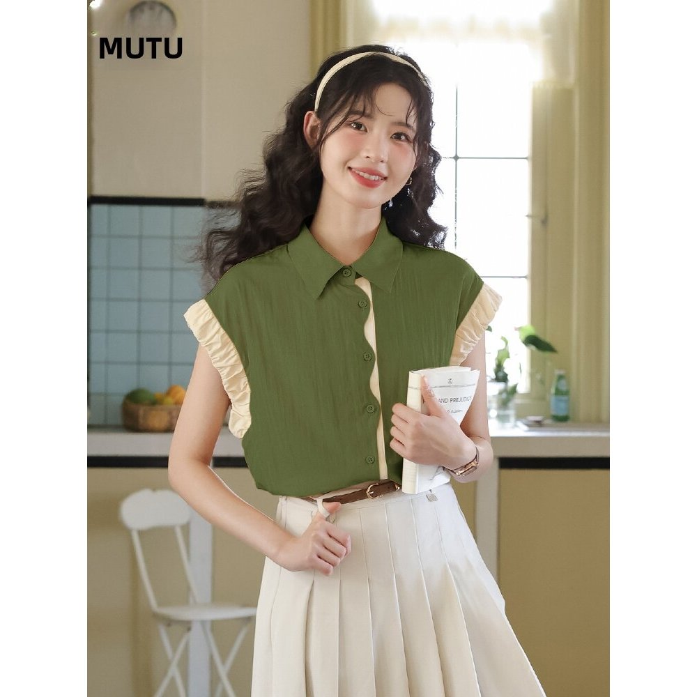 Mutu Pháp Retro Phong Cách Hồng Kông Màu Sắc Tương Phản Áo Sơ Mi Tay Ngắn Nữ Mùa Hè 2026 Phong Cách Mới Thiết Kế Niche Loose Top