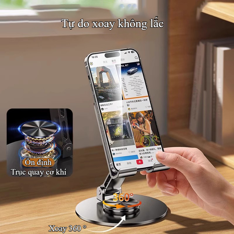 Giá đỡ điện thoại & máy tính bảng kim loại cao cấp, gập gọn, xoay 360° | Chân đỡ bàn bền vững, dùng livestream tiện lợi