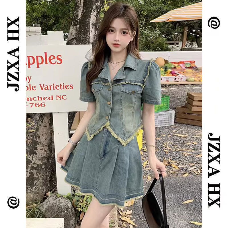 Bộ Váy Denim Cỡ Lớn Cho Nữ, Bộ Hai Chiếc Tôn Dáng Gầy, Váy Ngắn Phong Cách Thuần Khiết Mặc Kiểu Mỹ Ngọt Ngào Và Cay