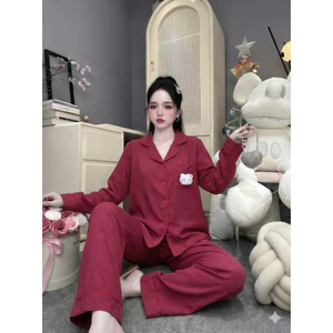 Đồ bộ pizama nữ tay dài quần dài ngủ mặc nhà vải xốp freesize 54kg - cn20