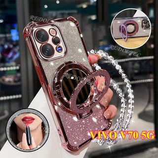 Ốp lưng VIVO V70 5G Vỏ lấp lánh Gradient mới có gương trang điểm Giá đỡ từ tính VIVOV70 Bảo vệ ống kính có giá đỡ dây buộc Vỏ điện thoại chống sốc