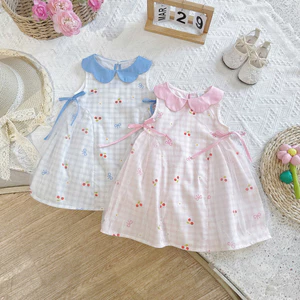 Váy Đầm Hè Thô Cotton Sát Nách Cổ Sen Nơ 2 Bên Cho Bé Gái Đi Học Đi Chơi Xanh- Hồng