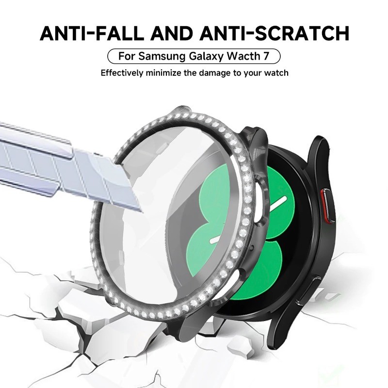 Ốp PC + Kính Cường Lực Cho Samsung Galaxy Watch 6 7 40mm 44mm Vỏ Khung Ốp Lưng Kim Cương Cho Samsung Galaxy Watch FE 5 4 40mm 44mm Bảo Vệ Màn Hình Full Cover