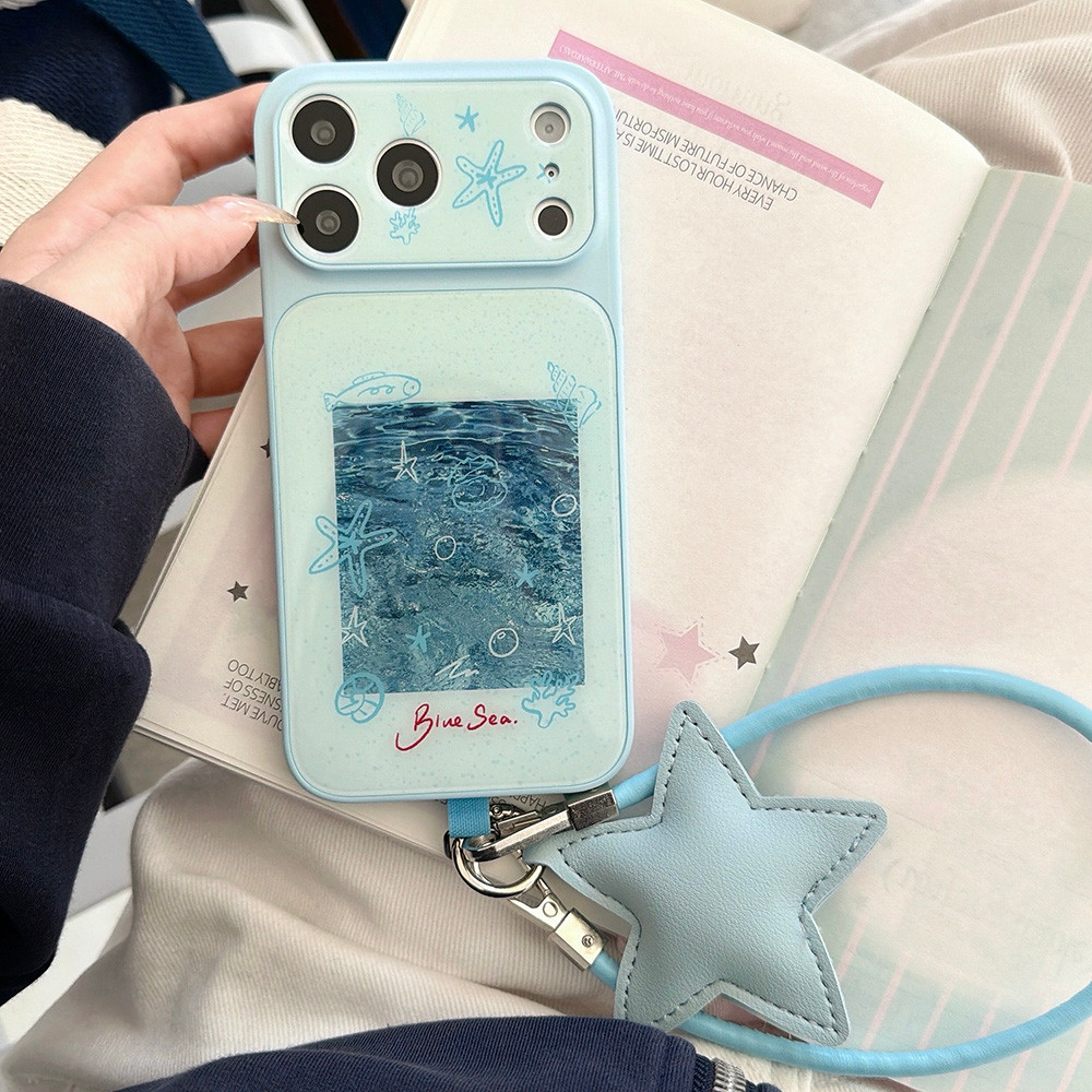 Ốp điện thoại Acrylic 2 trong 1 Blue Ocean Lines + Dây buộc cho iPhone 17 Pro Max 16 15 14 13 Vỏ bảo vệ chống sốc