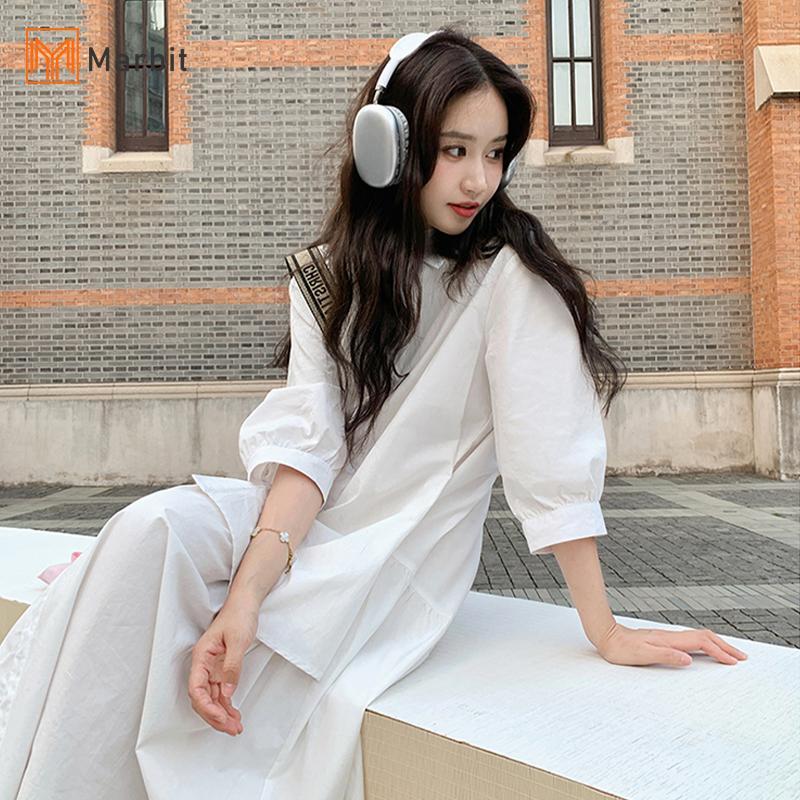 [Mar-T] Đầm dài dáng rộng có nút ve áo đơn giản, váy màu xanh không đồng nhất