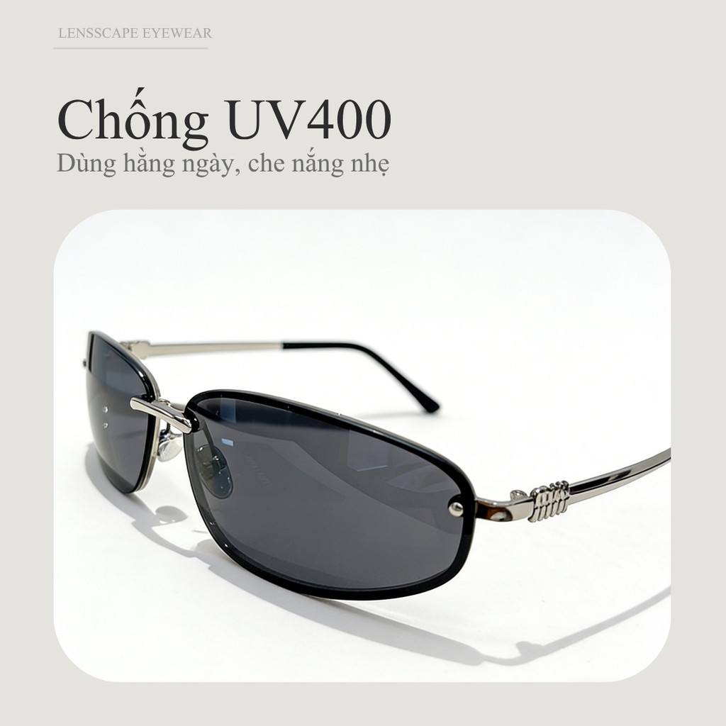 Lensscape Kính mát nữ dáng chữ nhật nhỏ gọng kim loại UV400 tròng màu nhẹ dùng hằng ngày y2k