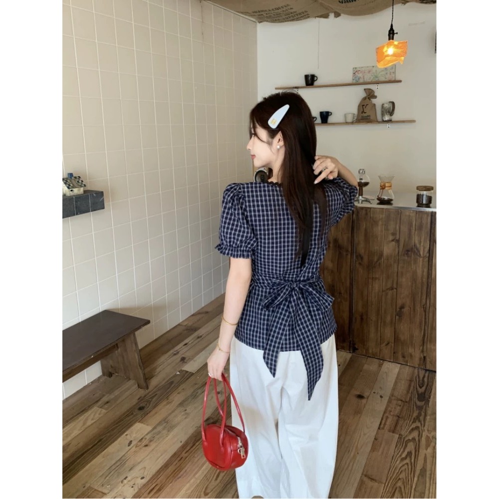 áo kiểu nữ Pháp Retro Kẻ Sọc Mùa Hè Dây Hẹp Thiết Kế Ren Cổ Chữ V