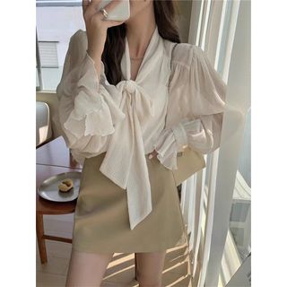 Vải Mềm Màu Tím Thoáng Khí Nơ Lớn Áo Sơ Mi Mùa Hè Rời Hàng Ngày Đi Lại Nữ Ren Voan Dài Tay Tính Khí Cao @