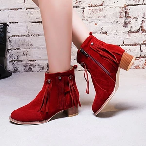 VNMZGG34-39 Kích Thước Lớn Retro Đinh Tán Tua Rua Mờ Da Lộn Gót Thấp Mũi Tròn Tây Martin Giày Ngắn Bên Dây Kéo Giày Bốt Khỏa Thân