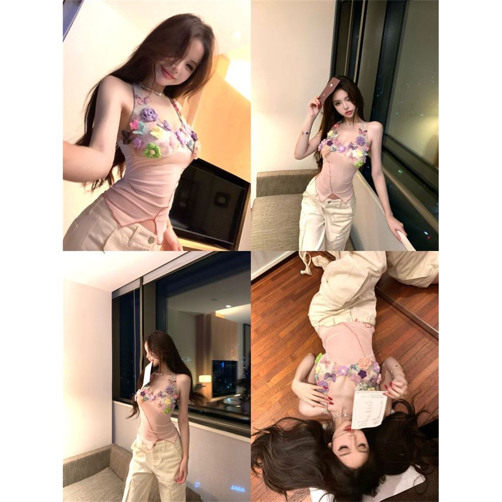 Milyfashion - Áo dây thiết kế ba chiều thêu họa tiết kỳ nghỉ ngọt ngào, có miếng lót ngực, cổ sling mỏng không đều