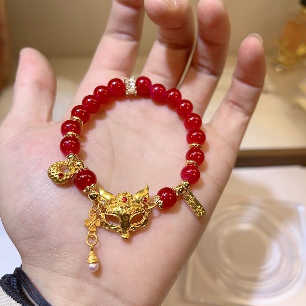 Mặt nạ Cáo Đỏ Dây Tay Nữ Mới Phong Cách Đa Năng Nhỏ Giọt Phong Cách Đỏ Mã Não Vòng Tay